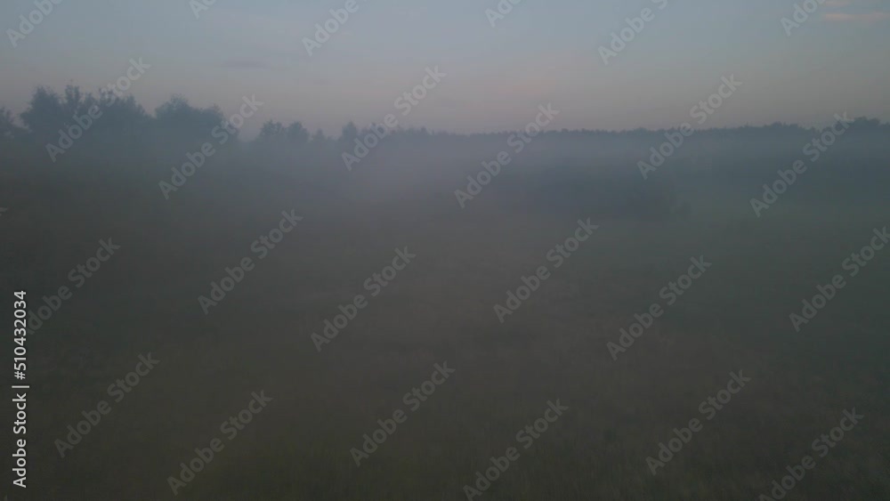The drone takes off over a foggy meadow, forest and cottage village.
The drone takes off over a foggy meadow, forest and cottage village.