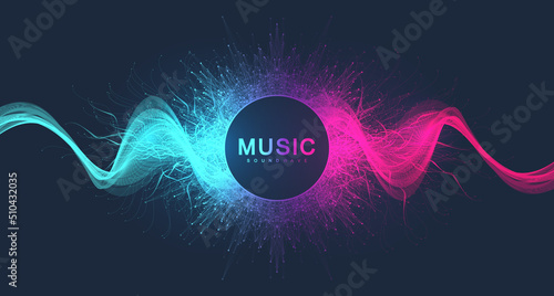 Music poster for electronic festival with dotted lines and waves. Party flyer cover design concept. Distorted music wave equalizer. Abstract amplitude of sound. Vector Illustration