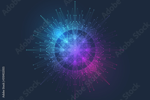 Quantum computing concept. Deep learning artificial intelligence. Big data algorithms visualization for business, science presentations, posters, covers, vector illustration.