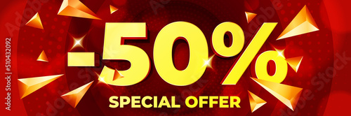 Minus fifty percent price discount promo banner