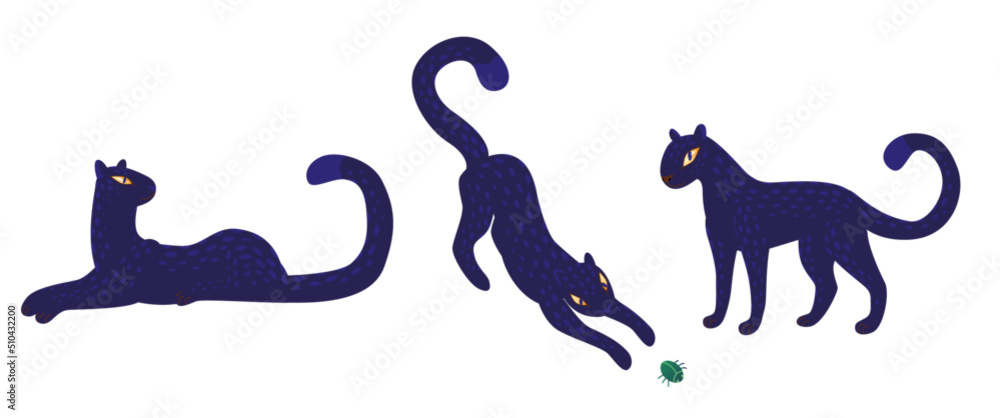 Set of panthers with leaves. Wild cat vector illustration. Funny animal characters. Set of panthers with leaves. Wild cat vector illustration. Funny animal characters.
