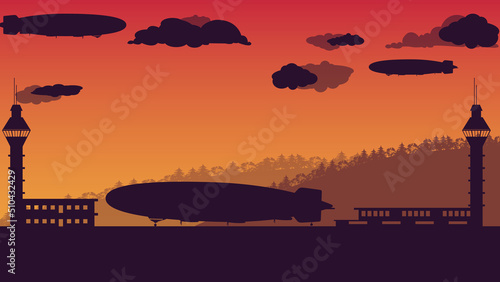 silhouette of balloon airship and air traffic control tower on orange gradient background