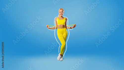 Fotografie Cheerful young blonde lady in sportswear measuring waist with tape, feeling happ