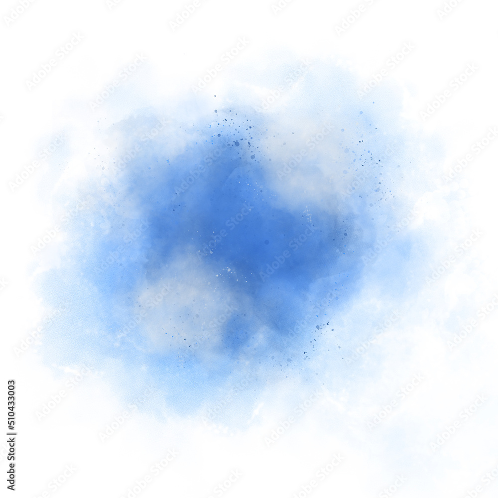 Hand drawn abstract light blue watercolor splash with blue and white spot on white background. Blue Dust Explosion Isolated on White BG. Blue color hand drawn watercolor liquid stain. 