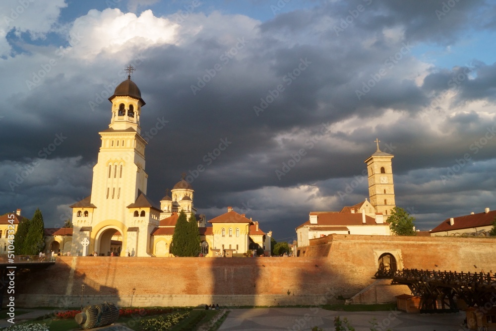 Alba Iulia city panorama in the twilight light, Transylvania, Romania	