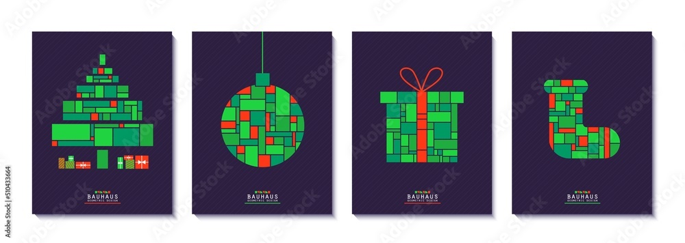 Set of Christmas posters in bauhaus style. New year cards collection in red and green colour geometric shapes. Bright Christmas tree, ball, gift box and sock with mosaic grid. Vector retro flyers Set of Christmas posters in bauhaus style. New year cards collection in red and green colour geometric shapes. Bright Christmas tree, ball, gift box and sock with mosaic grid. Vector retro flyers
