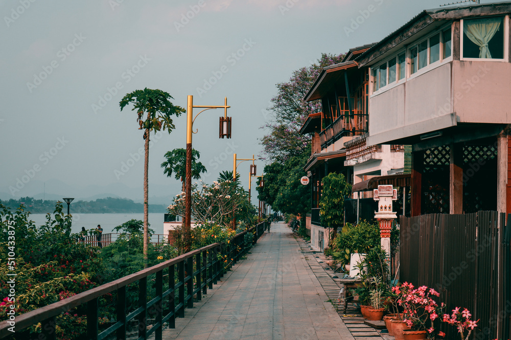 Chiang Khan Loei Thailand  Landscape Wooden House Riverside with sunset on evening time at Chaing Khan old town Loei Thailand
