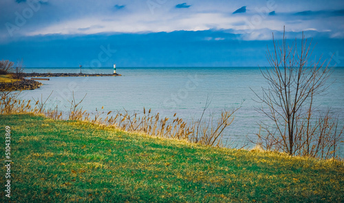 A lighthouse jutting out into Lake Erie in Geneva-On-The-Lake, Ohio