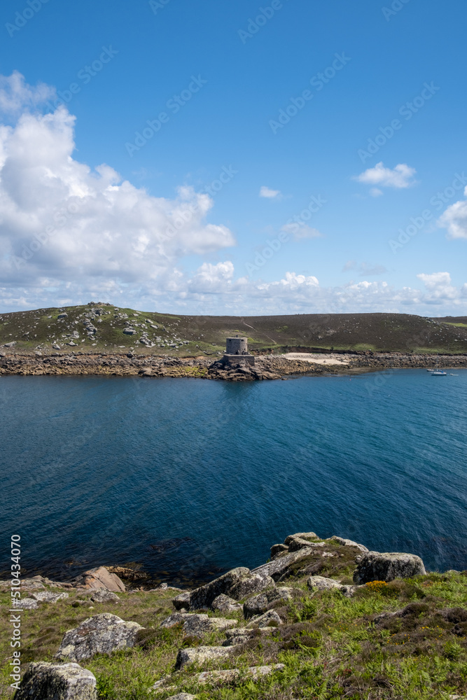 castle on Tresco island Isles of Scilly cornwall uk. Looking towards Tresco from Bryher 