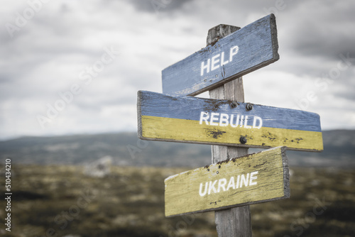help rebuild ukraine text quote on wooden signpost outdoors in nature. War in ukraine concept.