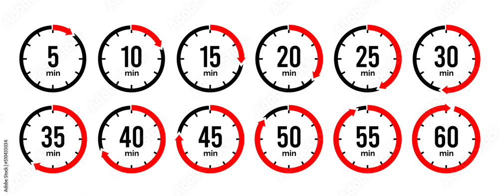 Countdown 5, 10, 15, 20, 25, 30, 35, 40, 45, 50, 55, 60 Minutes. Timer,  Clock, Stopwatch Isolated Set Icons. Stock Vector | Adobe Stock