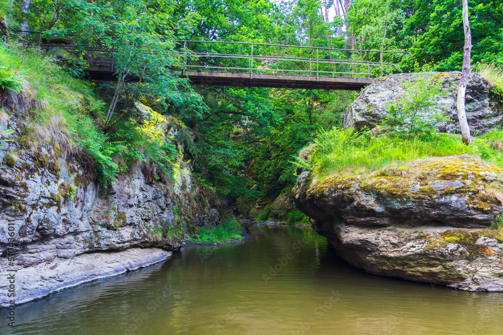 Metal bridge on famous nature reserve Zidova strouha with river Luznice. Czech republic