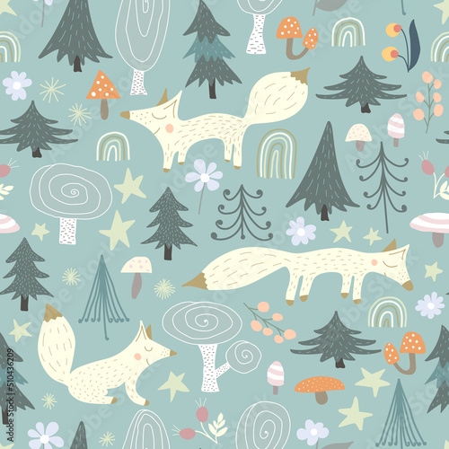 Foxes. Seamless woodland animals nursery wallpaper in pastel green, cream, pink and red.