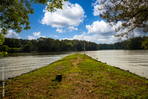 a long grass covered peninsula over the rippling blue waters of Lake Acworth surrounded by lush green trees and plants with blue sky and clouds at Proctor Landing Park in Acworth Georgia USA photo