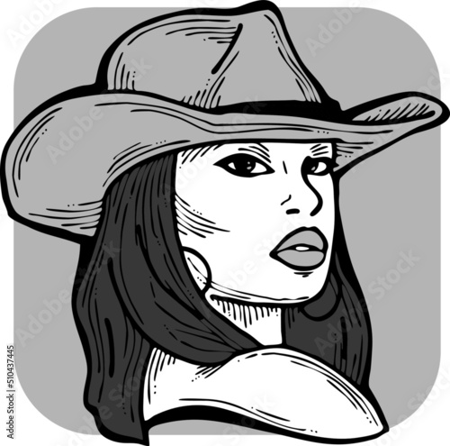 Beautiful sexy Asian lady wear sun hat. Attractive woman dress had clothes for happy holiday. Cartoon character face portrait. Hand drawn vintage boho vector illustration. Old style comic drawing.