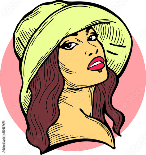 Beautiful sexy Asian lady wear sun hat. Attractive woman dress had clothes for happy holiday. Cartoon character face portrait. Hand drawn retro vintage vector illustration. Old style comic drawing.