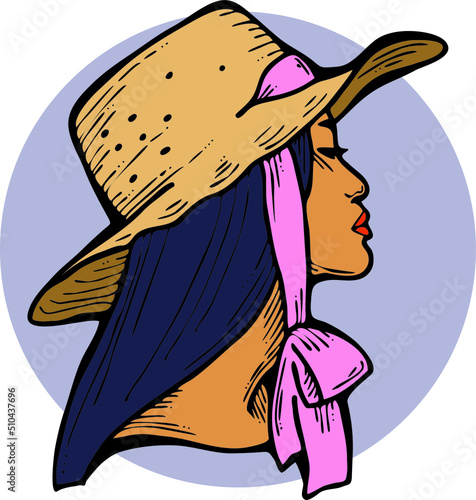 Beautiful sexy Asian lady wear sun hat. Attractive woman dress had clothes for happy holiday. Cartoon character face portrait. Hand drawn retro vintage vector illustration. Old style comic drawing.