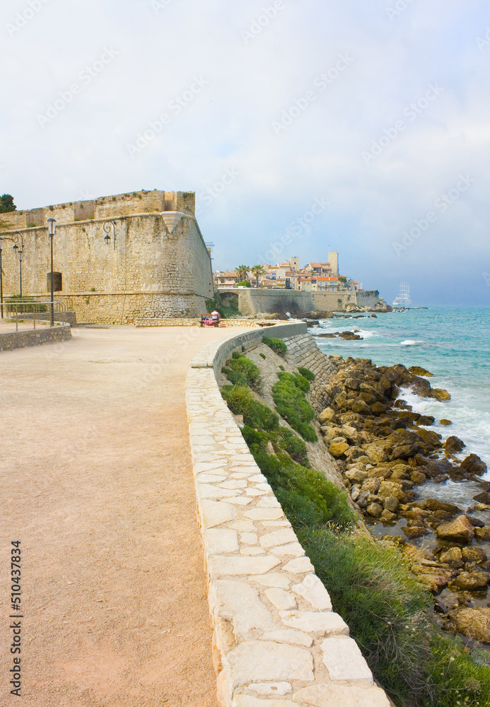 Landscape view on the old coastal village and fortification of Bastion Saint Andre in Antibes on the french riviera in France