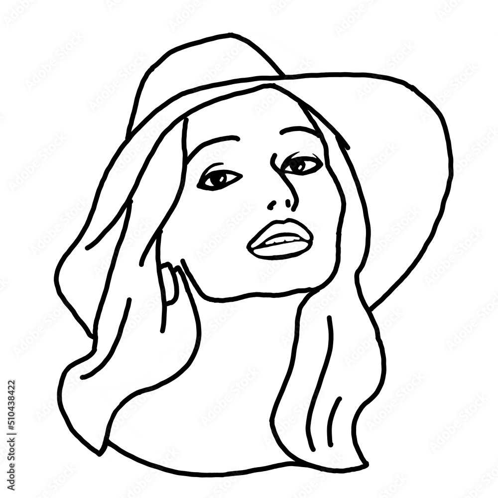 Beautiful sexy lady wear sun hat. Attractive woman dress had clothes for happy holiday. Cartoon character face portrait. Hand drawn retro vintage boho illustration. Simple colorful line drawing. Beautiful sexy lady wear sun hat. Attractive woman dress had clothes for happy holiday. Cartoon character face portrait. Hand drawn retro vintage boho illustration. Simple colorful line drawing.