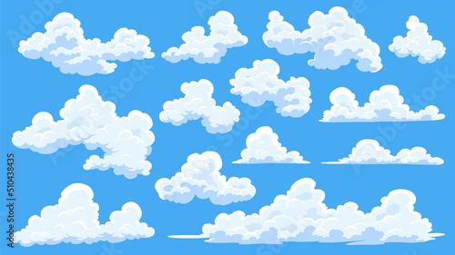 Cartoon clouds set. Abstract white cloudscape icon symbols. Vector cloudy landscape or simplicity nature aerial panorama. Various round shapes in flat style. Clouds collection