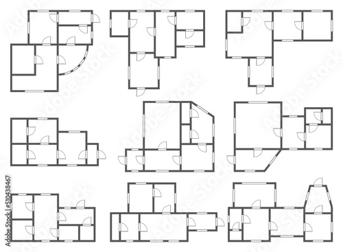 Apartment architectural plans set. Different black and white isolated blueprint studio, condominium, flat, house. Floor plan, interior design kitchen, bedrooms, living room, dining room and bathroom
