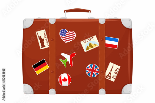Retro Brown Leather suitcase With Travel Stickers, Metal Corners and Belts, Isolated on White Background. Icon Close Up. Vacation and Travel Concept. Vintage bag. Front view. Vector flat design