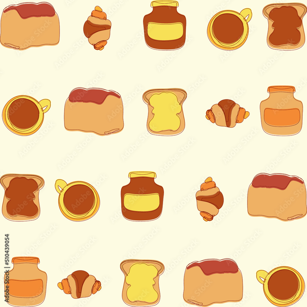 Breakfast vector pattern. Bread, croissant, coffee, chocolate spread. Cafe menu design. Breakfast vector pattern. Bread, croissant, coffee, chocolate spread. Cafe menu design.