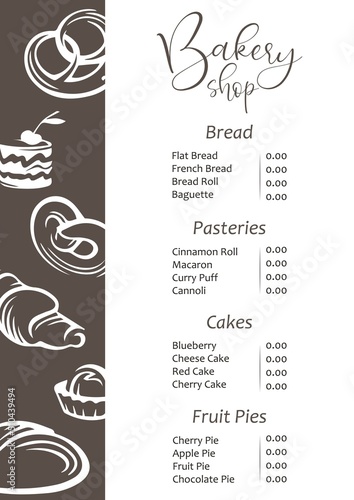 Vector sticker banner poster business card pricelist for bakery shop fresh and tasty premium quality. Price list for shop	