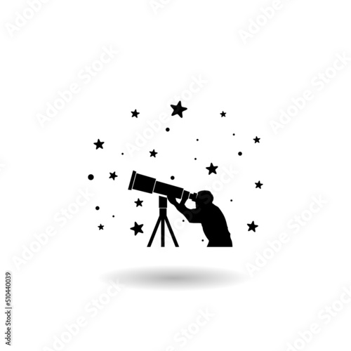 Scientist looking through telescope on sky logo with shadow