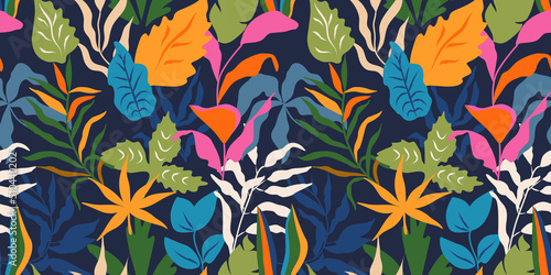Modern seamless pattern with exotic leaves.Abstract background with tropical plants for paper, wallpaper, cover, fabric and other users. Vector illustration
