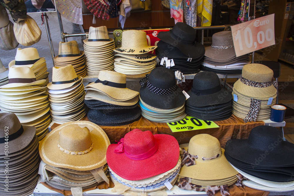 Hats for selling at the market in Nice, France