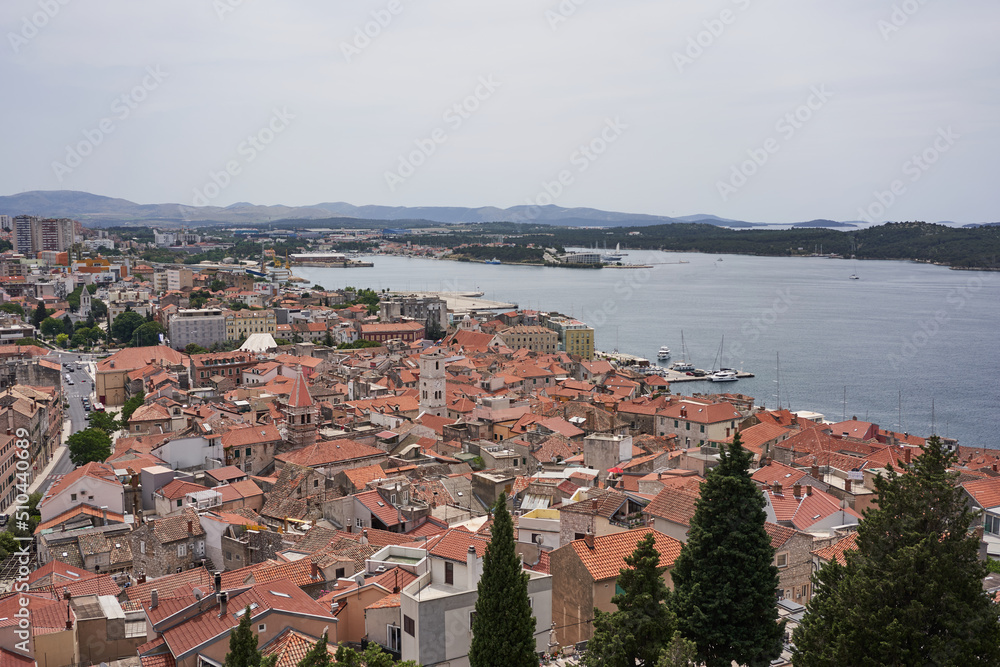 Sibenik, Croatia - May 26, 2022 - View of the town of Sibenik from the St. Michael's Fortress on a sunny spring afternoon