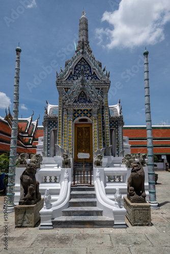 Phra Nakhon, Bangkok . June 11, 2022.  Wat Ratchapradit Sathitmahasimaram Rajawarawiharn .  Marble tiles, gilded teak & vivid mosaics at a grand 19th-century temple & royal monastery complex. photo