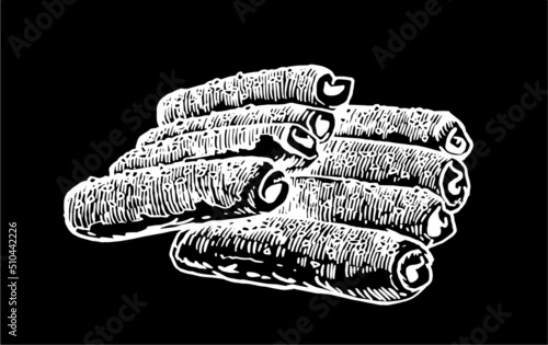 Vector hand-drawn sausages in dought  isolated on black, fast food 