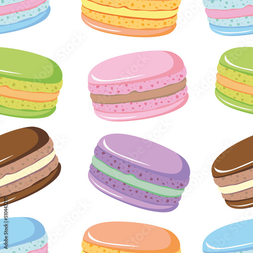 Seamless pattern of cute french macaroon with different filling. Traditional macaron dessert. Little French cakes. Sweet cookies food illustration. Hand drawn cartoon flat vector illustration.