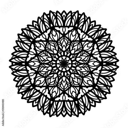 Mandala black and white isolated linear drawing. Circular snowflake pattern ornament for coloring and printing on fabric and paper.Esotericism. PNG