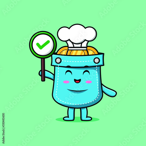 Cute cartoon Pocket chef character holding correct sign board in vector character illustration