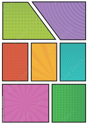 Comic background size A4. Colorful comic panels layout with rays, dots, lines. Comic strip frame. photo