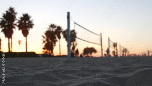 Photography Players playing volleyball on beach court, volley ball game with ball and net, sunset palm trees silhouette, California coast, USA