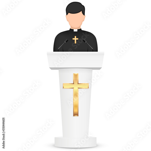 Priest giving speech from tribune. Catholic preacher person. Pastor servant of god in cassock. Vector illustration.