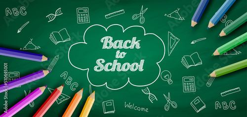 Welcome back to school. design with pencil and hand drawn on chalkboard. Vector.