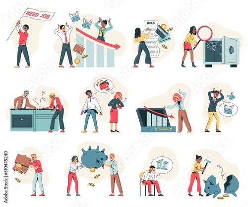 Bankrupt characters. Business people in financial crisis, falling schedules and revenue, persons losing money, bank problems, economic recession, poor family in debt, tidy vector set
