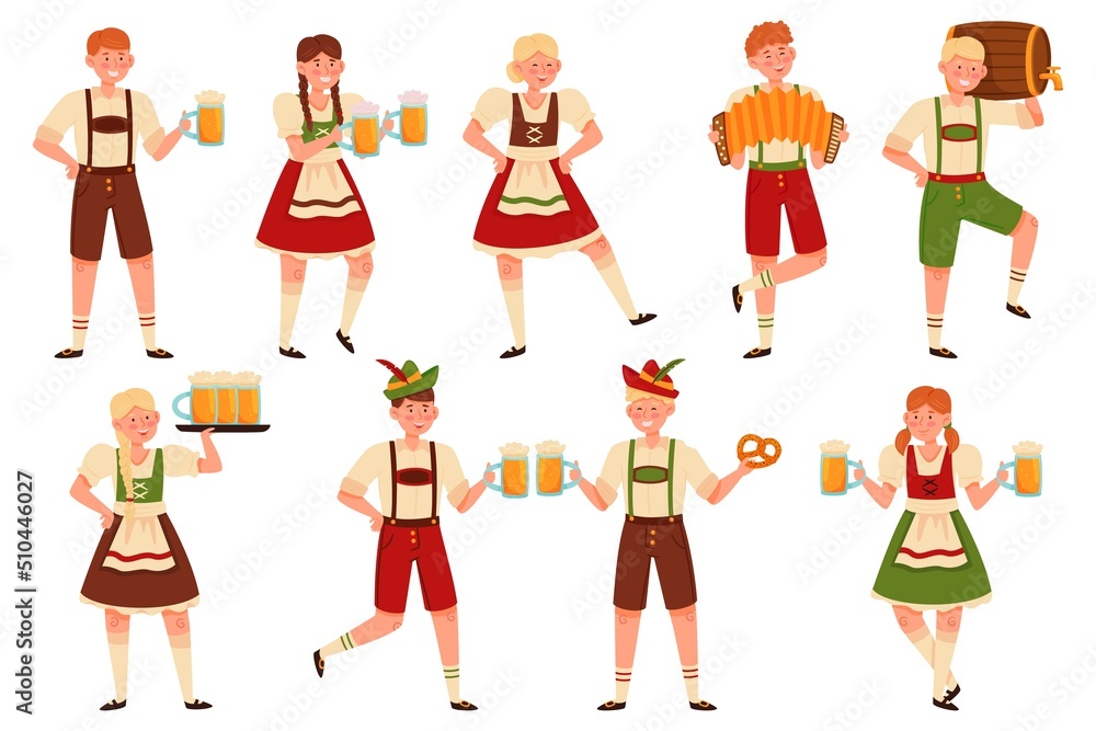 Oktoberfest people. Bavarian cartoon characters in traditional costumes, happy men and women on beer fest in pub hold mugs and barrel, german brewery, folclore alcohol party recent vector set