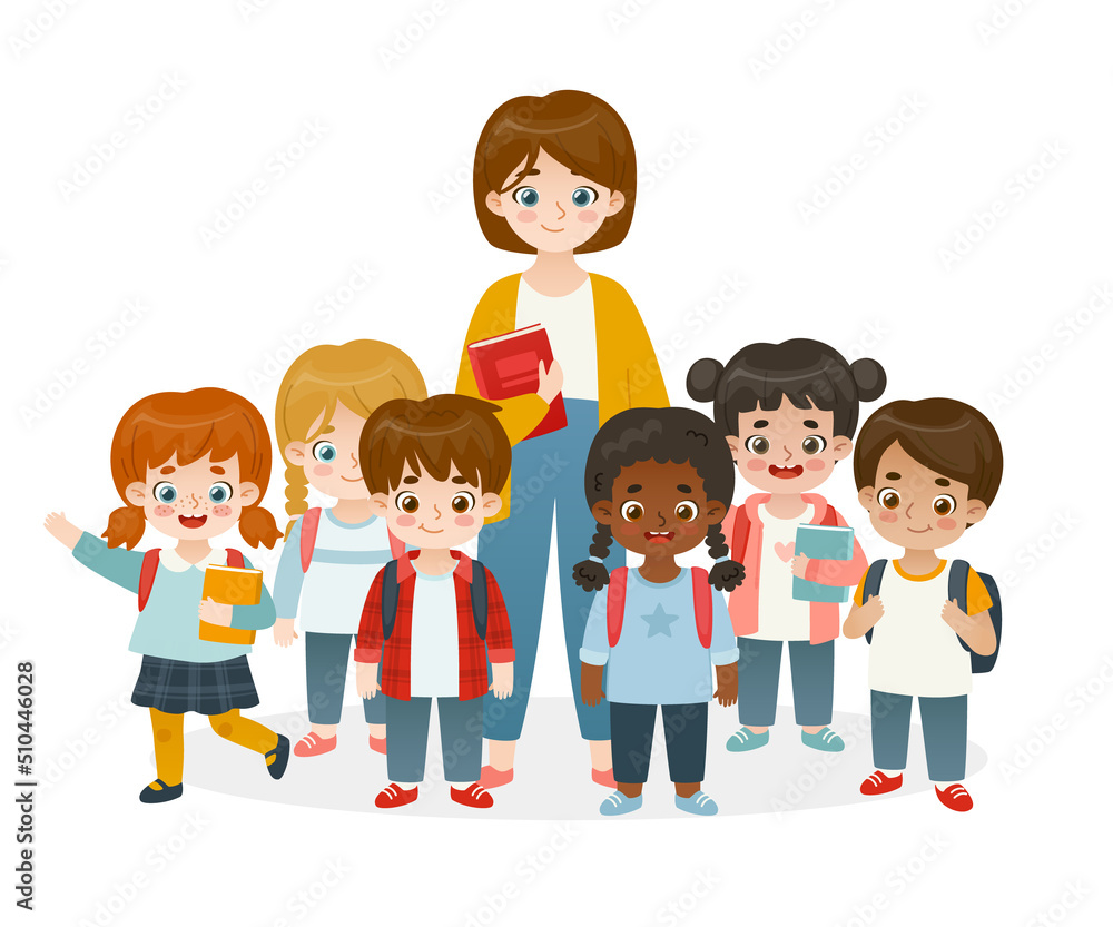 Classmates standing with teacher. Cartoon pupils diverse group. Cute children set.
