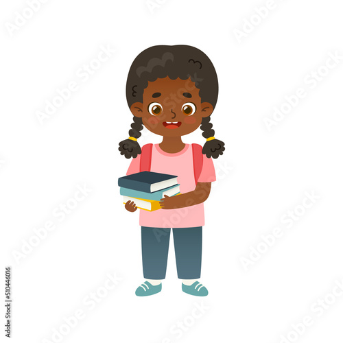 Cute schoolgirl standing and holding books. Cartoon african american girl carry books.