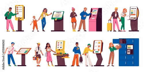 Ordering kiosks. People use public payment touchscreens, modern digital automatic services, tickets and food electronic orders and purchases, self-service atm, tidy vector cartoon flat set photo