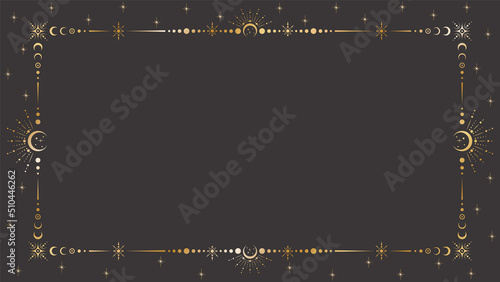 Vector mystic celestial golden frame with stars, moon phases, crescents, beams and a copy space. Ornate magical background with shiny corners. Banner with an elegant border and a place for text