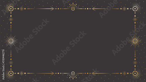 Vector mystic celestial golden frame with different stars, dots, beams and a copy space. Ornate magical background with shiny corners. Banner with an elegant border and a place for text