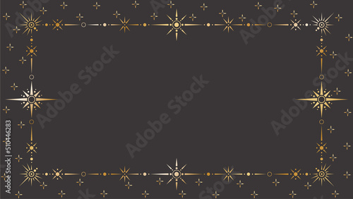 Vector mystic celestial golden frame with different stars, dots, beams and a copy space. Ornate magical background with shiny corners. Banner with an elegant border and a place for text