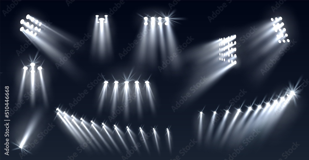 Stadium spotlights. Football field directional light sources, realistic searchlights. Illuminated studio and arena stage lamps, different directions projector, vector isolated set - obrazy, fototapety, plakaty 